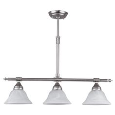 three light pendant fixture with white glass shades on the bottom and an adjustable metal bar