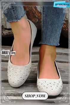 Rhinestone Casual Flat Shoes Spring Rhinestone Flats With Round Toe, Chic Medium Width Slip-on Flats, Slip-on Flats With Perforations And Closed Toe, Beige Slip-on Flats With Flat Bottom, Comfortable Slip-on Flats With Perforations, Elegant Embellished Slip-on Flats, Casual Flat Shoes, Casual Flats, Flat Shoes