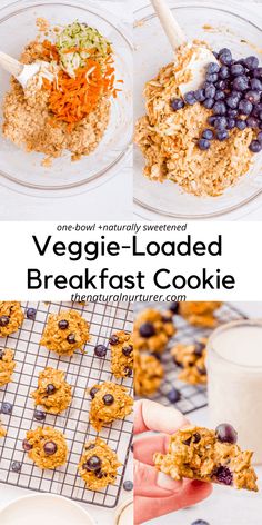 a collage of three pictures showing the ingredients for veggie loaded breakfast cookies