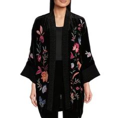 From Johnny Was, This Kimono Features: Luxurious Velvet Fabrication Embroidered Open Neckline Kimono Bracelet Sleeves With Embroidered Wide Cuffs Side Front Pockets Placement Floral Embroidery Motifs Straight Hemline Open Front; No Closure Approx. 33" Length Rayon/Silk Dry Clean Imported. Velvet Kimono, Embroidered Velvet, Satin Jackets, Boho Kimono, Wide Cuff, Kimono Jacket, Jacket Brands, Johnny Was, Dress Details