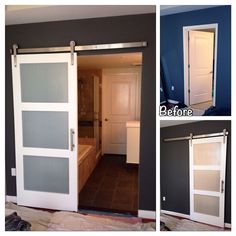 before and after pictures of sliding doors in a home's bedroom, with the door partially open