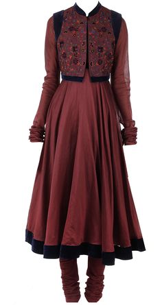 Burgandy anarkali with embroidered waistcoat available only at Pernia's Pop-Up Shop. Middle Earth Outfits, Embroidered Waistcoat, Rohit Bal, Indian Attire, Anarkali Dress, Traditional Fashion, Desi Fashion, Churidar