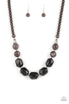 Ten Out of TENACIOUS - Black Necklace - Paparazzi Accented with bright silver beads and glittery rhinestone accents, a row of oversized subtly faceted black beads gives way to marbled beads that transition to smaller opaque beads as they make their way around the collar for a modern fashion. Features an adjustable clasp closure. Sold as one individual necklace. Includes one pair of matching earrings. Order Date 12/28/2021 Paparazzi Jewelry Images, Bracelet Display, Paparazzi Accessories, Earring Display, Black Necklace, Chic Jewelry, Paparazzi Jewelry, Jewelry Business, Boutique Jewelry