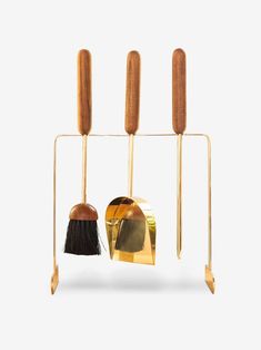 Carl Aubock Fireplace Tool Set by Carl Aubock Home Accessories New Misc. 16" L x 8.5"H x 16"H / Walnut / Metal Cabin Interiors Fireplace Tools, Gold Fireplace Tool Set, Fireplace Tools Set Modern, Brass Fireplace Utencils, Walnut Fireplace, Carl Aubock, Pink Home Accessories, Fire Tools, Home Interior Accessories