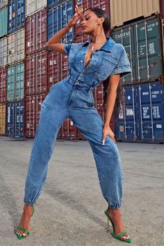 Available In Denim. Denim Jumpsuit Short Sleeve Collard Button / Snap Front Functional Front Pockets Functional Front Zipper Belt Loops Jogger Pant Stretch 27" Inseam Disclaimer: Due To The Specialized Wash Process, Each Garment Is Unique. 85% Cotton 13% Polyester 2% Spandex Imported | Daniela Denim Jumpsuit size 3X by Fashion Nova Overalls With Button Down Shirt, Jean Jumpsuit, Denim Jumpsuit Street Style, Jeans Jumpsuit Outfit, Trendy Denim Jumpsuit With Button-up Relaxed Fit, Trendy Spring Button-up Denim Jumpsuit, Trendy Button-up Denim Jumpsuit, Jean Jumpsuit Outfit, Blue High-rise Denim Jumpsuit