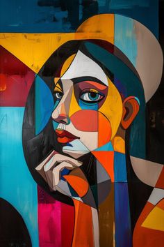 an abstract painting of a woman's face with multiple colors and shapes on it