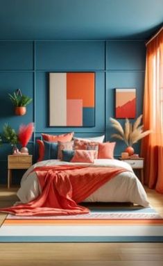 a bedroom with blue walls and orange curtains