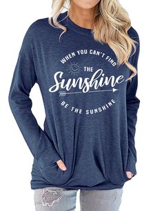 PRICES MAY VARY. Small=US 4-6, Medium=US 8-10, Large=US 12-14, X-Large=US 16-18, 2X-Large=US 18. The shirt runs true to size and has a loose fit. Material: The cute casual graphic print tees are made of soft and comfy Rayon blend fabric, loose fit and skin-friendly. Sunshine Graphic Design: When you can’t find the sunshine, be the sunshine. Features: Round Neck Long sleeve Tops Shirts, casual workout tops/solid color, graphic tees with sayings, a great women’s T shirt for any holiday festivities Sunshine Shirt, Be The Sunshine, Letter Print Tee, Casual Long Sleeve Shirts, Tunic Sweatshirt, Workout Sweatshirt, Trendy Tops, The Sunshine, Printed Tees