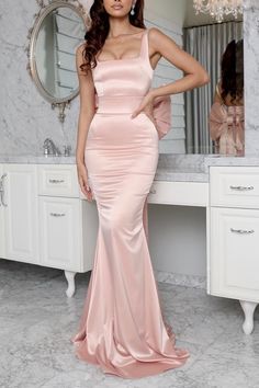 Style: L1834 Closure: Zipper Details: Square Neck, Sleeveless, Satin, Mermaid, Long, Bow Fabric: Satin Neckline: Square Neck Silhouette: Sheath Bow Gown, Pink Evening Dress, Dot Print Dress, Opera Gloves, Denim Mini Dress, Evening Gowns Formal, Women Long Dresses, Loose Dress, Dress Size Chart