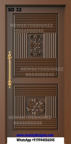 the front door is brown and has decorative designs on it