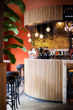 a bar with several stools and lights hanging from it's ceiling, next to a potted plant