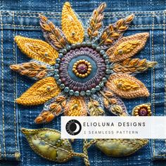 the back pocket of a denim jacket with embroidered flowers and leaves on it, along with text that reads sequina designs