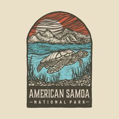 the logo for american samoa national park, featuring a turtle swimming in water with mountains in the background