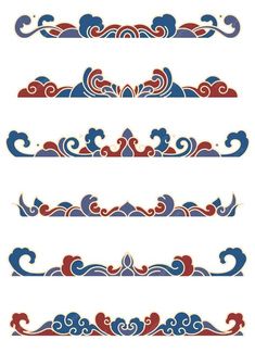 an ornate set of decorative elements in red, white and blue colors on a white background