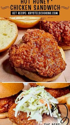 chicken sandwich with coleslaw on the side and an image of hot honey chicken sandwich