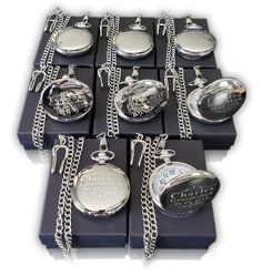 "This listing is for 7 Custom engraved pocket watches, gift boxes included!! Available in Gold, Silver, Rose Gold and Black/Gunmetal. 7 Vintage style finished pocket watches. Chain and engraving included!! You can choose up to 3 lines to engrave on these pocket watches, or we can accommodate a short message or logo for you. If you are unsure your message will fit please message us. Logos and artwork accepted. Great personalized gift for the man or women that has everything. Engraved Pocket watch Groomsmen Pocket Watch, Officiant Gift, Man Of Honor, Groomsmen Gifts Unique, Engraved Watch, Groomsmen Gift Set, Leather Engraving, Wedding Gift Set, Laser Engraved Gifts