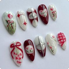 Flower Almond Nails, Gift Nails, Nails Bow, Press On Nails Almond, Nails Flower, Thanksgiving Nail Designs, Really Cute Nails, Party Nails