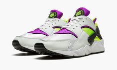 The Nike Air Huarache Run “Neon Yellow/Magenta” is an original colorway of the Tinker Hatfield-designed retro performance running shoe that celebrates the model’s 30-year anniversary in 2021.  The “Neon Yellow/Magenta” joins several other original Air Huarache Run colorways in honoring the timeless silhouette’s 30th birthday.  A true one-to-one remake of the original “Neon Yellow/Magenta,” the shoe features white synthetic leather leather overlays, a white mesh toe, and neon yellow and magenta n Nike Air Huarache White, Low Jordan 1, Huarache Run, Adidas Spezial, Nike Dunk High, Nike Brand, Adidas Campus, Nike Shox, Air Jordan 3