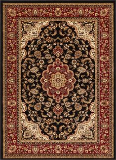 a black and red rug with an ornate design