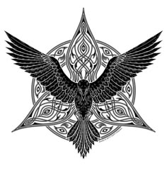 a black and white drawing of a bird with intricate designs on it's wings