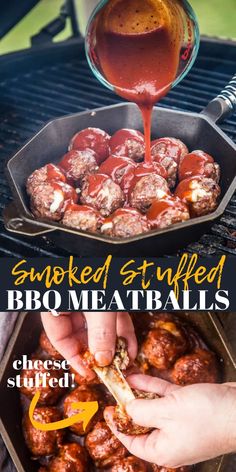 someone is cooking meatballs on the grill and then they are covered with bbq meatballs