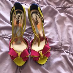 Charlotte Russe Pink/Lime Green/Blue/Black Sandals, Size 8, Approximately 5 Inches Of Heel Length, Never Worn, No Original Packaging Yellow Summer Evening Heels, Yellow Platform Heels For Party, Yellow Open Heel Sandals For Party, Yellow Sandals With Removable Insole For Evening, Neon Yellow Ankle Strap Sandals For Spring, Yellow Platform Sandals With Open Heel, Neon Yellow Ankle Strap Sandals For Summer, Multicolor Synthetic Sandals For Evening, Chic Yellow Sandals For Parties