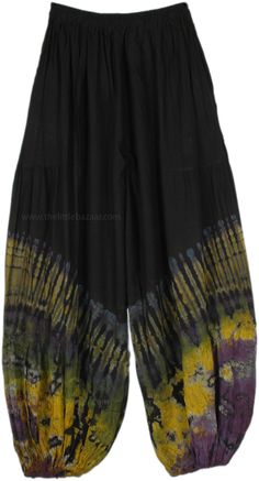 The striking flaming tie-dye pattern adds an exciting burst of cool colors to these black balloon trousers.  With their super comfortable rayon fabric, elastic waist, and ankle elastic, these Harem-style pants are easy pull-ups and a perfect travel companion. #tlb #SplitSkirtsPants #vacationclothing #beachwrap #TieDye #bohemianfashion #hippieharempants Black Rayon Casual Pants, Casual Black Rayon Pants, Casual Black Rayon Bottoms, Black Rayon Pants With Elastic Waistband, Black Festival Pants For Spring, Black Pants For Spring Festival, Black Harem Pants For Spring Festival, Black Hippie Pants For Spring, Black Wide Leg Hippie Bottoms