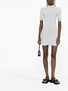 Alexander Wang logo-print Detail Dress - Farfetch Fitted Crew Neck Short Sleeve Dress, Fitted Short Sleeve Crew Neck Dress, Chic Gray Short Sleeve Mini Dress, Gray Fitted Crew Neck Dress, Gray Fitted Dress With Crew Neck, Alexander Wang Dress, Wang Dress, Stretch Dress, Ash Grey