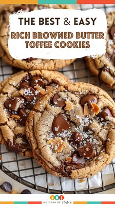 the best and easy rich brownie butter toffee cookies on a cooling rack