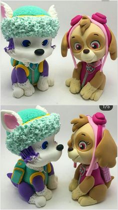 two pictures of the same toy dog with different colors and sizes, one is wearing a hat