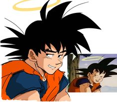 an anime character with black hair and orange shirt, next to a photo of the same character