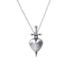 The Sword-Pierced Heart Pendant is a reimagining of a classic Alex Streeter carving in miniature form. The piece was originally inspired by medieval portraits of the Virgin Mary, who is often depicted with a sword through her heart. In our version, the Heart symbolizes eternal love while the sword attributes strength and fortitude to its wearer. 1.25" Long For different chain lenght options please contact info@AlexStreeter.com Sterling Silver Medieval Portraits, King Ring, Promise Necklace, The Virgin Mary, Silver Heart Pendant, Silver Heart Necklace, Stacked Jewelry, Long Pendant, Jewelry Inspo