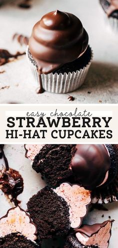 chocolate covered strawberry hi hat cupcakes on a white surface with text overlay