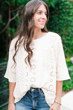 Delicate and timeless, the Keep It Eyelet Short Sleeve Top is the perfect blend of feminine charm and everyday versatility. Featuring intricate eyelet detailing throughout, this top offers a soft, romantic feel while staying comfortable and breathable. The short sleeves and lightweight fabric make it ideal for layering or wearing on its own during warmer days. Pair it with your favorite jeans or skirt for a chic, effortless look that works for any occasion. This top is a must-have for the modern Eyelet Shorts, Loungewear Dresses, The Keep, Short Leggings, Skirt Leggings, Short Sleeve Top, Favorite Jeans, Lightweight Fabric, Long Tops