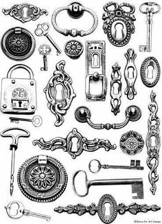 an assortment of antique keys and knobs from the 19th century, vintage engraved illustration