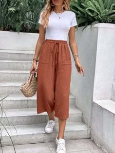 Dusty Pink Casual Collar  Woven Fabric Plain Wide Leg Embellished Non-Stretch  Women Clothing Women Business Attire, Fall Festival Outfit, Long Summer Pants, Summer Business Casual Outfits, Business Attire Women, Italian Dress, 2024 Style, Summer Pants, Fashion Sets