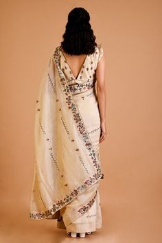 Ivory chanderi saree with floral, thread and dori embroidery. Comes with a blouse. - Aza Fashions Bohemian Chanderi Saree For Wedding, Bohemian Art Silk Pre-draped Saree For Wedding, Bohemian Wedding Pre-draped Chanderi Saree, Bohemian Slub Silk Saree For Wedding, Bohemian Pre-draped Saree With Zari Work For Wedding, Bohemian Slub Silk Wedding Saree, Bohemian Wedding Pre-draped Saree With Zari Work, Chikankari Embroidered Slub Silk Pre-draped Saree For Wedding, Wedding Pre-draped Saree With Chikankari Embroidery In Slub Silk