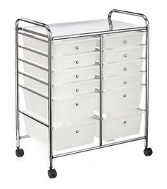 a large metal cart with white drawers on it's sides and two wheels, holding several