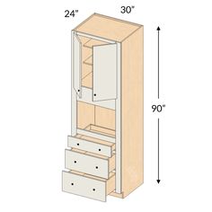 the measurements for an armoire cabinet with drawers and drawers on each side is shown