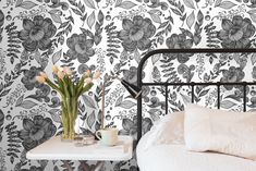 Black White Floral Outline Floral Wallpaper | Peel And Stick Wallpaper | Adhesive Wallpaper | Wall Paper | Peel Stick Wall Mural 3597 - JamesAndColors Wallpaper Smooth, Skim Coating, Matte Wallpaper, Wallpaper Adhesive, Textured Canvas, Wallpaper Peel And Stick, High Quality Wallpapers, Adhesive Wallpaper, Wallpaper Wall