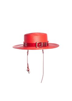 This full-size red faux straw hat is trimmed with a translucent red PVC buckle hat band and harness straps that buckle under the chin. Nice and structured, not floppy, with a wide brim. Fits up to a 23" head size. Shipped with a hat box. Material: 100% Polypropylene Crown Width: 6.5 inch Crown Height: 3.25 inch Brim Width: 3 inch Editorial photography by Emma Wondra. Skirts, capes, bows, and hoods by Samantha Rei. Styling/modeling (red hat) by Cristina/Anhedonie. MUA/modeling (black hat) by Dako Red Adjustable Hat With Flat Brim, Adjustable Red Boater Hat For Beach, Red Wide Brim Boater Hat For The Beach, Red Wide Brim Boater Hat For Beach, Red Flat Brim Boater Hat For Summer, Red Wide Brim Boater Hat For Summer, Red Summer Boater Hat With Short Brim, Adjustable High Crown Sun Hat For Vacation, Red Brimmed Panama Hat For The Beach