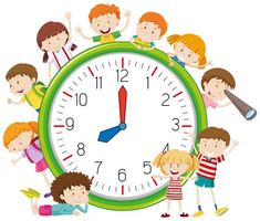 a group of children standing in front of a large clock with the time on it's face