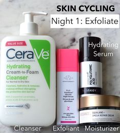 Skin cycling routine exfoliation night 1 Skin Cycling Routine With Products, Skin Cycling Exfoliation, Skin Care Cycling, Skincare Routine 40s For Women, Skin Care Cycling Routine, Skin Cycling Routine For Acne, Skincare Cycling Routine, Skincare Cycling, Skin Cycling Products