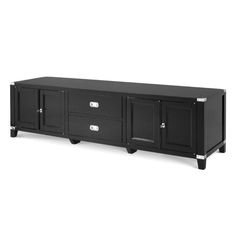 a black entertainment center with two doors and three drawers on one side, in front of a white background