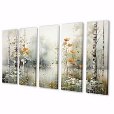 three paintings on a wall with flowers and trees in the foreground, one is painted yellow