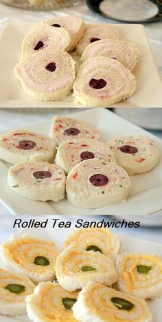 several different types of food on plates and trays with the words rolled tea sandwiches