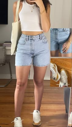 a woman taking a selfie while wearing high waist denim shorts and white tank top