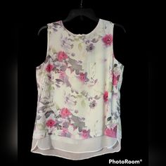 Very Pretty Flowing Floral Print Layered Sleeveless Top By Rose And Olive In Size Medium. New With Tag. Cream Colored With Pink, Green, And Purple Florals. Sheer Liner Comes Down Beyond Bottom. Quarter Zip Back. Perfect For Spring/Summer!! A1 Multicolor Sleeveless Embroidered Floral Top, Green Floral Print Camisole Top, Sleeveless High Neck Blouse, Embroidered Multicolor Floral V-neck Tops, Green Floral Print Sleeveless Camisole, White Flowy Top, Spring Floral Print V-neck Camisole, Crochet Lace Shorts, Olive Top