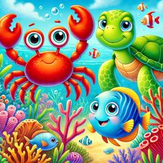 an underwater scene with crab, turtle and fish in the sea illustration for children's books