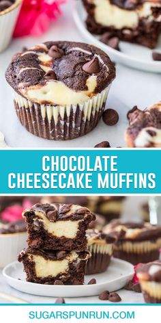 chocolate cheesecake muffins stacked on top of each other with the title in the middle